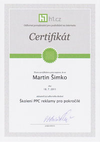 Certifikát o absolvování PPC školení od H1.cz